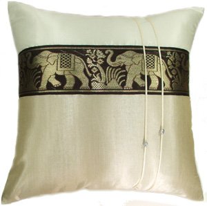 Artiwa Ivory & Cream Throw Decorative Pillow Cover 16x16 inch Large Thai Elephants Stripe - Gift Recommend