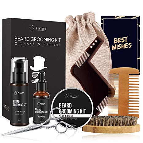 Beard Balm Kit,BESTOPE Beard Kit for Men Set of 8 Beard Grooming & Trimming with Unscented Leave-in Conditioner Oil,Beard shaping, Beard Balm Butter Wax, Brush and Mustache Comb Ultimate Trimmer