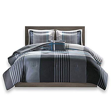 Comfort Spaces Full/Queen Comforter Set - Benjamin Lightweight, Ultra Soft, Contemporary Plaid Black/White Patchwork Comforter 4 Piece Microfiber Reverse Comfy Bedding Set - All Season