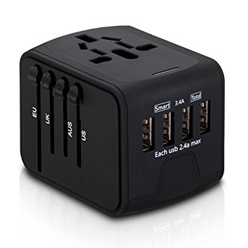 Universal Travel Adapter, AMDISI 4 x Power Types, 4x USB Ports, Worldwide Adapter With US/AUS/UK/EU Plug,Works in 150 Countries(Black)