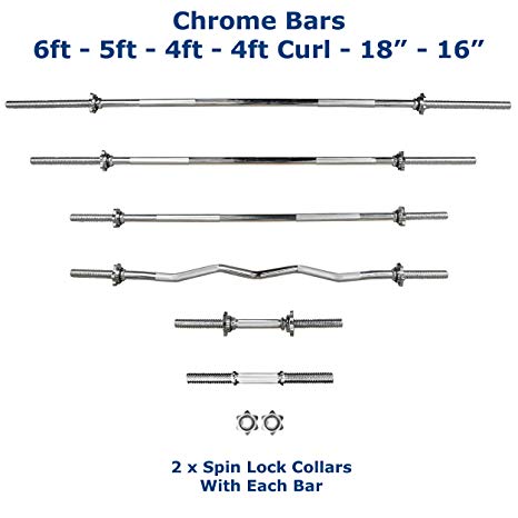 JLL® Weight Bar Chromed Steel 18 in, 4 ft, 4 ft Curl, 5 ft and 6 ft with Spin-lock Collars