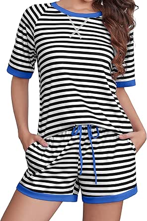 Ekouaer Pajamas for Women Short Sleeve Pjs Sets Crewneck Striped Tops and Shorts 2 Piece Lounge Sets with Pockets S-XXL