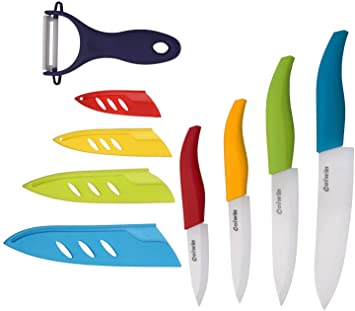 Ceramic Knives set Color Ceramic Knife Set With Sheaths - Super Sharp & Rust Proof & Stain Resistant (6" Chef Knife, 5" Steak Knife, 4" Fruit Knife, 3"Sushi Knife, One Peeler)