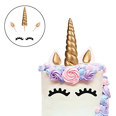 Cake Topper, LUTER Handmade Gold Unicorn Birthday Cake Topper, Reusable Unicorn Horn, Ears and Eyelash Set, Unicorn Party Decoration for Birthday Party, Baby Shower and Wedding (Set of 5)