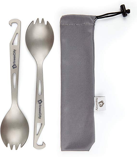 finessCity Titanium Spork (Spoon Fork) with Bottle Opener Extra Strong Ultra Lightweight (Ti), Healthy & Eco-Friendly Spoon, Fork & Bottle Opener for Travel/Camping in Easy to Store Cloth Case