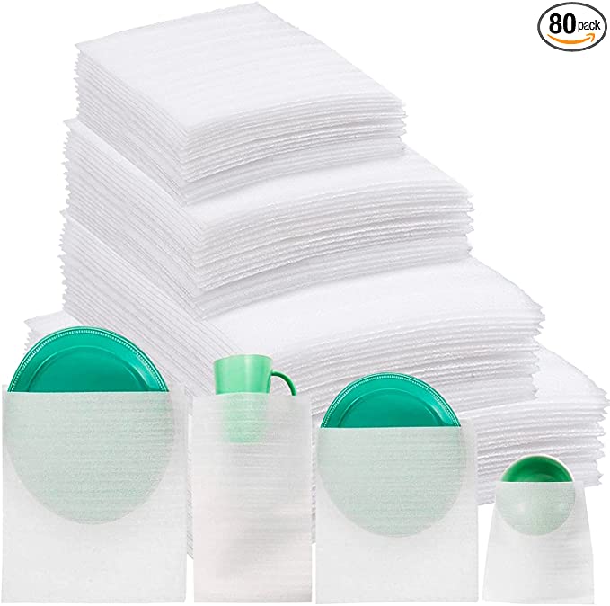 Foam Pouches & Foam Wrap Sheets,4 Sizes 80 Count Foam Wrap Sheets Cushioning for Moving, Shipping, Packaging, Storage-Safely Cushion Wrap for Dishes, Furniture, Glasses, Plates,Cups