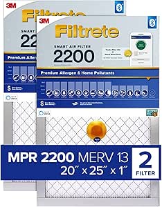 Filtrete 20x25x1 Smart Air Filter, MPR 2200 MERV 13, 1-Inch Premium Allergen & Home Pollutant Air Filters for AC and Furnace, 2 Filters