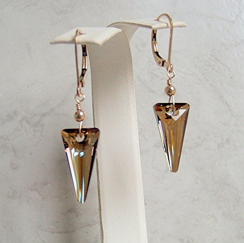 Beautiful Bronze Shade Triangle Spike Swarovski Crystal Gold Filled Leverback Earrings Gift Idea