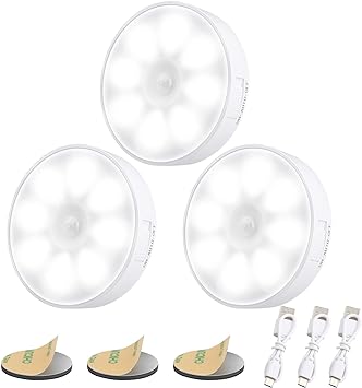 Electight 3 Pack 8 LEDs Motion Sensor Lights Indoor, Night Light Stick on Wall, Cordless LED Lamp with Magnetic Base, 6000K & USB Rechargeable Battery, Stair Lights, for Wardrobe,Stairs,Closet,Hallway