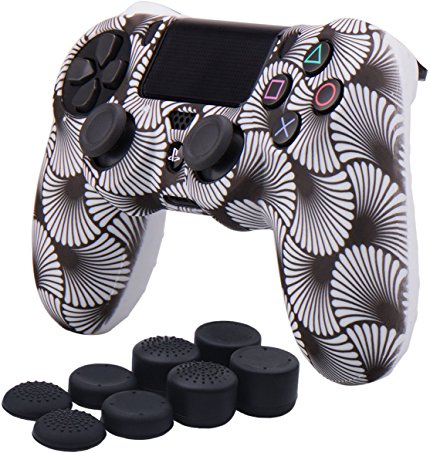 YoRHa Water Transfer Printing Shell Silicone Cover Skin Case for Sony PS4/slim/Pro controller x 1(white) With Pro thumb grips x 8