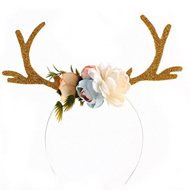 Ubbetter Girls Deer Antlers Ears Flower Headband Cosplay Costume
