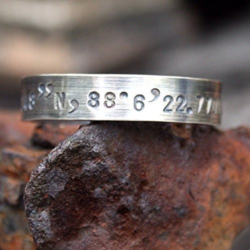 Personalized Sterling Silver Ring - Latitude Longitude Coordinates Memento Band w/ Small Print
