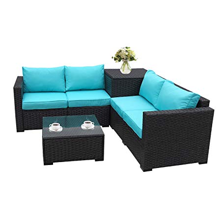 Patio PE Wicker Furniture Set 4 Piece Outdoor Black Rattan Sectional Loveseat Couch Set Conversation Sofa with Storage Table Turquoise Cushion
