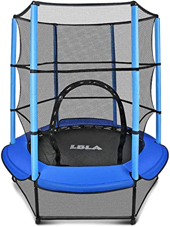 LBLA Kids Trampoline, 55” Mini Trampoline for Kids with Enclosure Net and Safety Pad, Heavy Duty Frame Round Trampoline with Built-in Zipper for Indoor Outdoor(Blue)