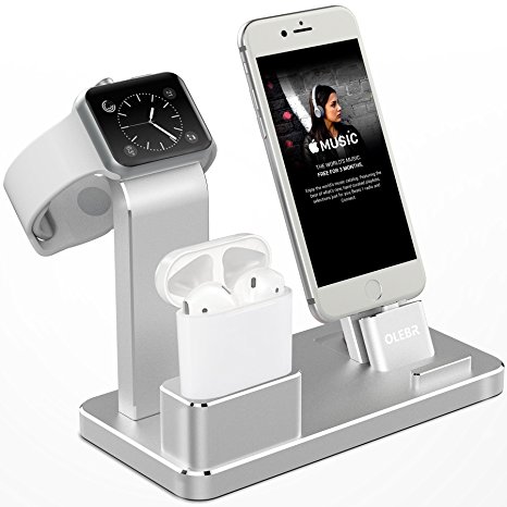 OLEBR Apple Watch Stand Aluminum Apple Watch Charging Stand AirPods Stand Charging Docks Holder for Apple Watch Series 3/2/1/ AirPods/ iPhone X/8/8Plus/7/7 Plus /6S /6S Plus/ iPad-Silver