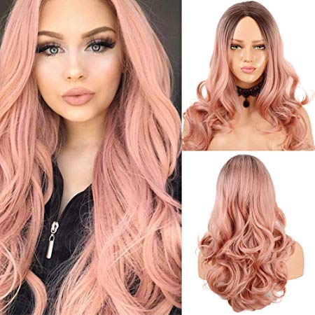 Fani Orange Pink Curly Wigs for Women Glueless Ombre Pink Long Curly Synthetic Wig Middle Part Dark Brown Roots 22 Inch