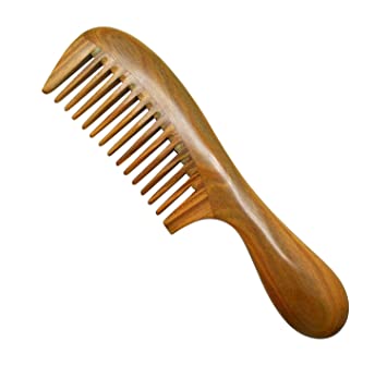 Meta-C Natural Green Sandalwood Wooden Comb - NO SNAGS, NO TANGLE, NO STATIC (Short Handle - Wide Tooth)
