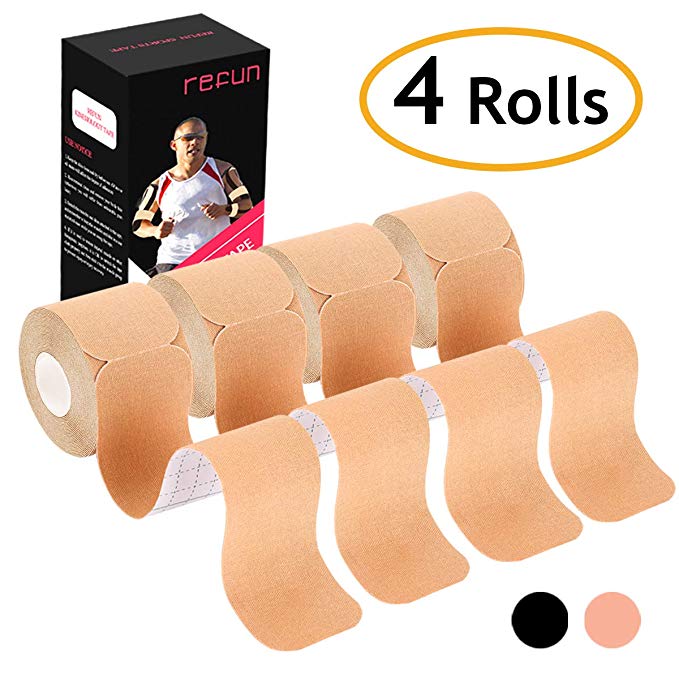 Kinesiology Tape Precut (4 Rolls pack), REFUN Elastic Therapeutic Sports Tape For Knee Shoulder and Elbow, Pain Relief, Waterproof, Latex free, 2" x 16.5 feet Per Roll, 20 Precut 10 Inch Strips