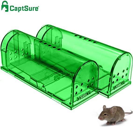 CaptSure Original Humane Mouse Traps, Easy to Set, Kids/Pets Safe, Reusable for Indoor/Outdoor use, for Small Rodent/Voles/Hamsters/Moles Catcher That Works. 2 Pack (Green)