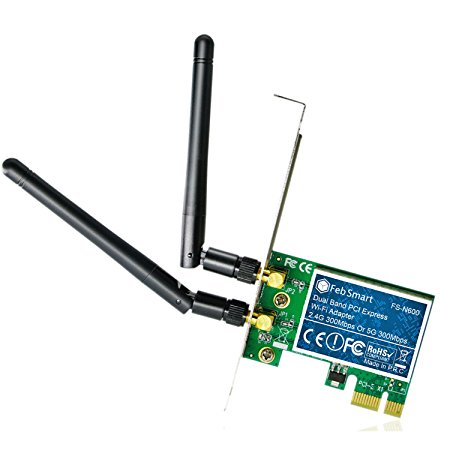 Feb Smart Wireless Dual Band N600 (2.4GHz 300Mbps or 5GHz 300Mbps) PCI Express (PCIe) Wi-Fi Adapter Network Card with 6dBi External Detachable Antenna for Desktop Computers (FS-N600 Basic Edition)