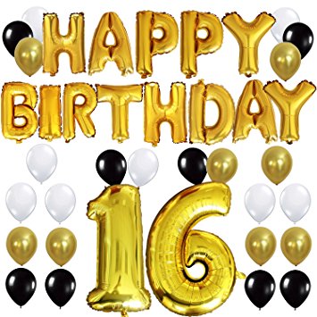 KUNGYO 16TH Birthday Party Decorations Kit - Happy Birthday Balloon Banner, Number “16” Balloon Mylar Foil, Black Gold White Latex Ballon, Perfect 16 Years Old Party Supplies