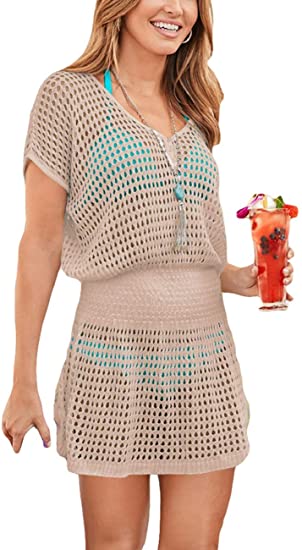 Bsubseach Women Crochet Hollow Out Swim Cover Ups Short Sleeve Beach Swimwear Tunic Dress