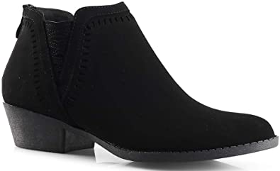 LUSTHAVE Perforated Laser Cut Out Stacked Chunky Low Heel Ankle Bootie - Side V-Cut Back Zipper Boots