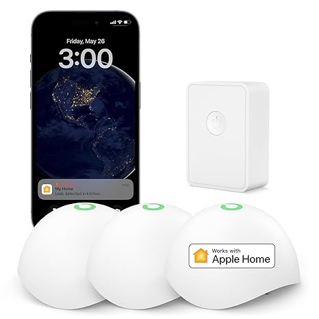 Meross Smart Water Sensor Alarm 3 Pack, WiFi Water Leak Detector Support Apple HomeKit, SmartThings, IP67 Waterproof with App Alerts, Alarm, 100M Range for Home Basement Kitchen (Meross Hub Included)