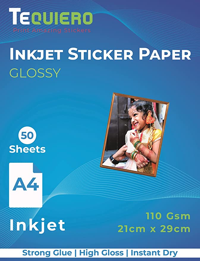 TeQuiero 50 Glossy Inkjet Sticker Photo Paper a4 Size Self Adhesive Photo Sheets for Inkjet Printer 120 GSM - 50 Sheets