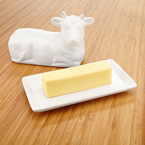 KooK Ceramic Butter Dish with Cover - Cute Cow Design, 7.25 Inch Wide, White
