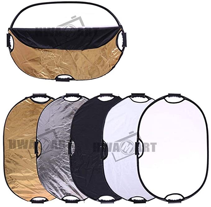 5-in-1 Handheld Multi Collapsible Light Reflector 90x120cm Studio Photography Portable Oval Diffuser Light Reflector with Carrying Case, Multi Disc Translucent, Silver, Gold, White and Black