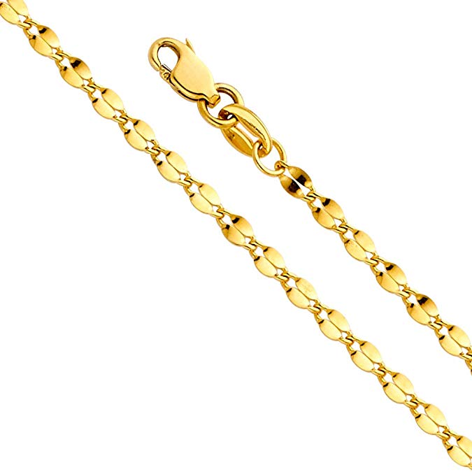 14k Yellow OR White OR Pink Gold 2mm Hollow Curve Mirror Chain Necklace with Lobster Claw Clasp