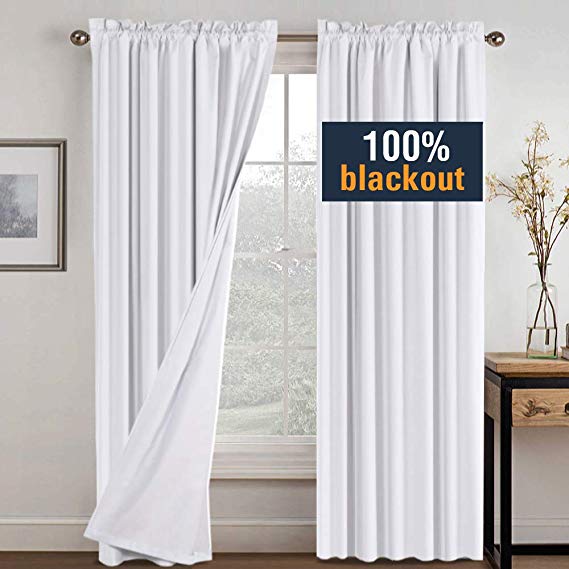 H.VERSAILTEX White Blackout Curtains for Bedroom 84 Inches Long, Waterproof Window Treatment Curtains for Living Room, Rod Pocket Curtain Panels for Patio Door with White Liner, 2 Bonus Tie-Backs