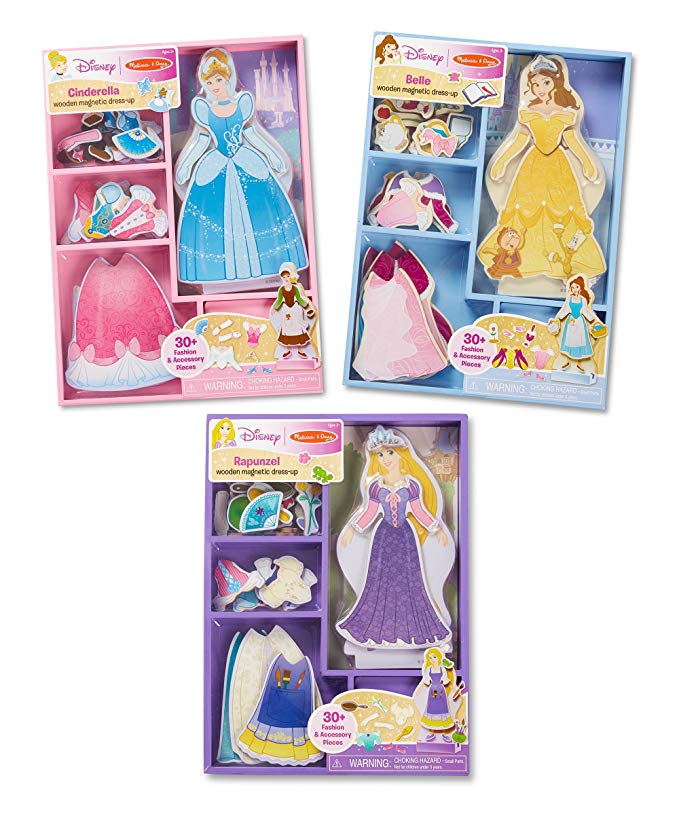 Melissa & Doug Disney Cinderella, Belle, and Rapunzel Magnetic Dress-Up Wooden Dolls Pretend Play Set