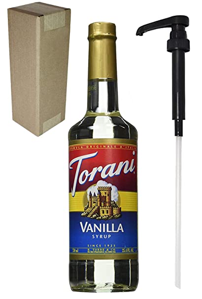 Torani Vanilla Flavoring Syrup, 750mL (25.4 Fl Oz) Glass Bottle, Individually Boxed, With Black Pump