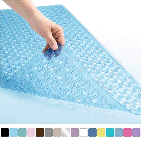 Gorilla Grip Patented Bath, Shower, Tub Mat (35x16) Machine Washable, Antibacterial, BPA, Latex, Phthalate Free, Bathtub Mats with Drain Holes and Suction Cups, XL Size Bathroom Mats (Blue)