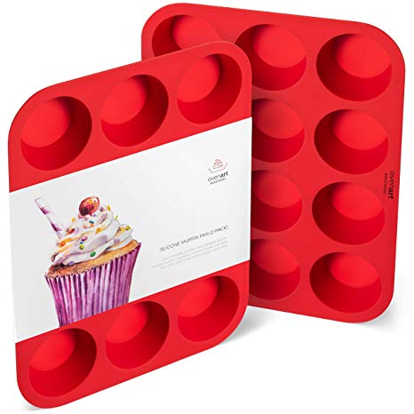 OvenArt Bakeware European LFGB Silicone Muffin Pan, 12-Cup, Red, 2-Pack
