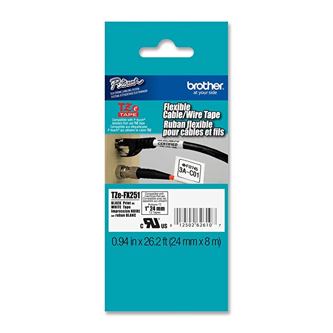 Brother Genuine P-touch TZE-FX251 Tape, 1" (0.94") Wide Flexible-ID Laminated Tape, Black on White, Best Suited for Wire Wrapping and Flagging, Water-Resistant, 0.94" x 26.2' (24mm x 8M), TZEFX251