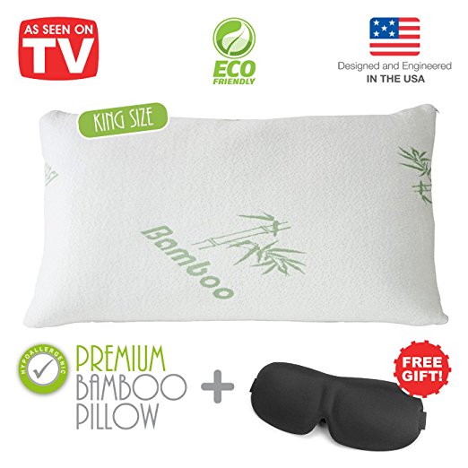 Premium Bamboo Pillow King Size - Shredded Memory Foam - Orthopedic Pillow King Size, Dust Mite Resistant & Hypoallergenic Pillow with Carrying Bag Included 3D Sleeping Eye Mask (King)