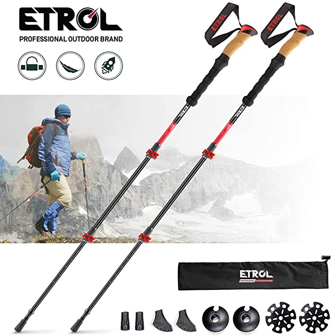 ETROL Trekking Poles-Adjustable Walking Sticks-Collapsible, Quick Lock, Antishock-2pc Pack, Strong, Lightweight Aluminum 7075, Cork Grip, Tips, Padded Strap, Bag Hiking Poles for Men & Women