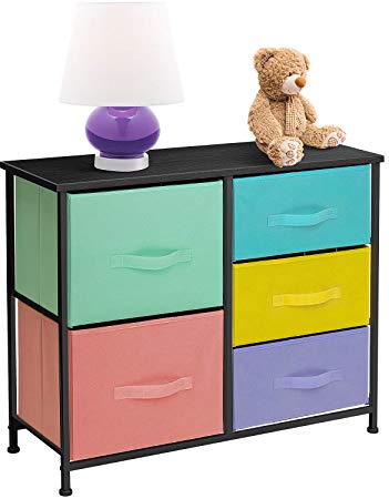 Sorbus Dresser with 5 Drawers - Furniture Storage Tower Unit for Bedroom, Hallway, Closet, Office Organization - Steel Frame, Wood Top, Easy Pull Fabric Bins (5-Drawer Dresser Chest, Pastel/Black)