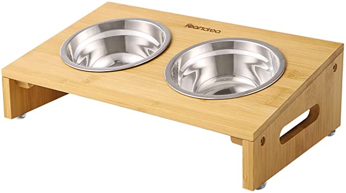 FEANDREA Raised Bowls, Bamboo Elevated Bowl Stand, 15° Tilt, Anti-Slip Design, with 2 Removable Stainless Steel Bowls, 3.9 Inches, for Small Dog, Cat, Natural UPRB001N01