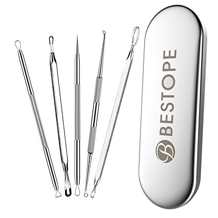 BESTOPE Blackhead Remover - Acne Pimple Comedone Extractor - Whitehead Removal Tool Kit Set of 5Pcs for Lady Facial Care Skin Protect with Silver Metal Case