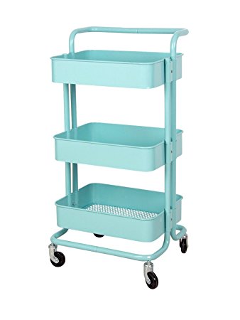 3-Tier Metal Mesh Storage Shelf Utility Rolling Cart with Removable Handle and Plug, Indoor or Outdoor Storage Organizer, Turquoise