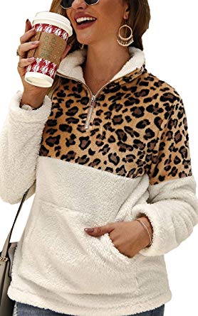 Angashion Womens Long Sleeve Half Zip Up Warm Fuzzy Leopard Print Patchwork Fleece Pullover Tops with Pocket for Winter