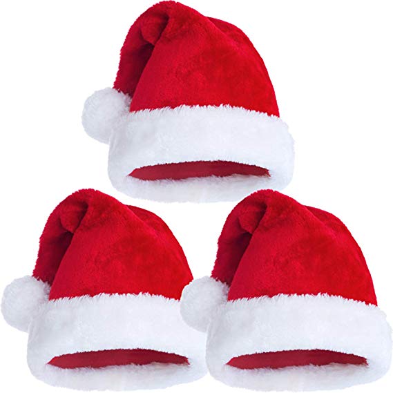 Tatuo 3 Pack Santa Hat, Christmas Hats Plush Red Velvet with White Cuffs and Comfort Liner, Christmas Santa Hats for Adults, Women, Men, Teens