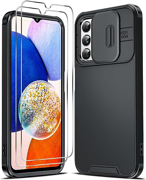 LeYi for Samsung Galaxy A14 Case with Slide Camera Cover [2 Tempered Glass Screen Protector] [Military Drop Protection] Silicone Shockproof Protective Hard Back Phone Cover for Galaxy A14 4G 5G- Black