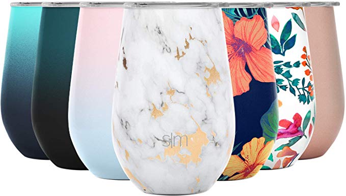 Simple Modern Spirit 12oz Wine Tumbler Glass with Lid - Vacuum Coffee Mug Stemless Cup 18/8 Stainless Steel Pattern: Gold Marble