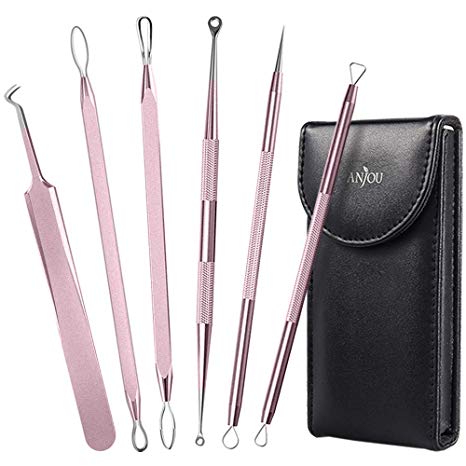 Anjou Blackhead Remover Comedone Extractor, Curved Blackhead Tweezers Kit, 6-in-1 Professional Stainless Pimple Acne Blemish Removal Tools Set, Rosegold