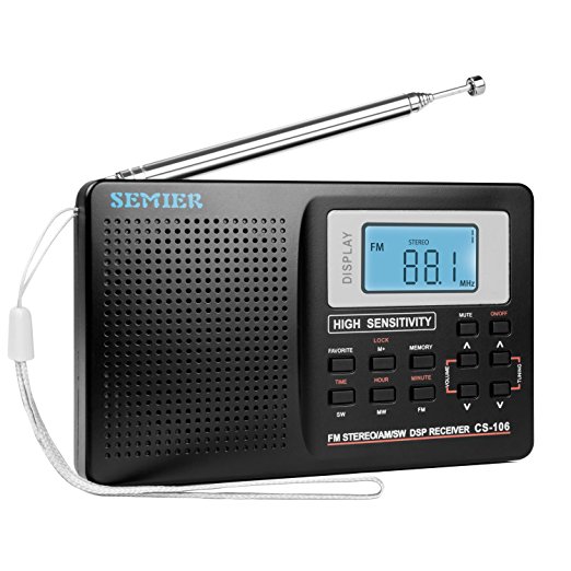 SEMIER Portable Shortwave Travel AM/FM Stereo Radio with Clock